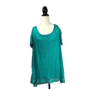 𝅺FRENCH Laundry Teal Blue Cold Shoulder Top with Lace Hem size Large